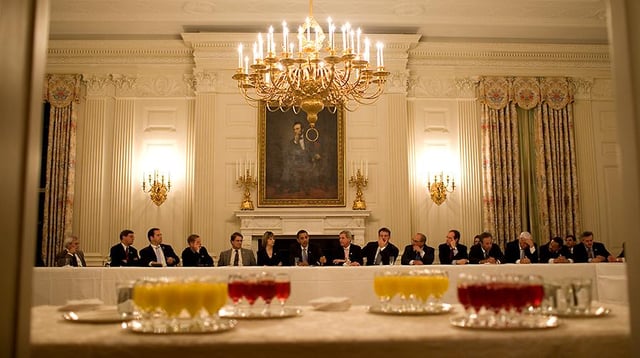 President Barack Obama meeting with the Blue Dog Coalition in the State Dining Room of the White House in 2009.