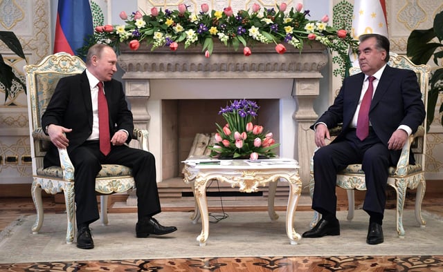 President of Tajikistan Emomali Rahmon with Russian president Vladimir Putin.