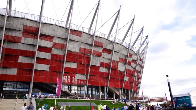 The crown of National Stadium with red and white façade resembling Polish national colors