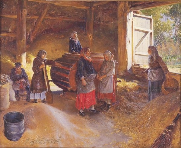 Russian women using a hand powered winnowing machine in a threshing barn. Note the board across the doorway to prevent grain from spilling out of the barn, this is the origin of the term threshold. Painting from 1894 by Klavdy Lebedev titled the floor or the threshing floor (Гумно).