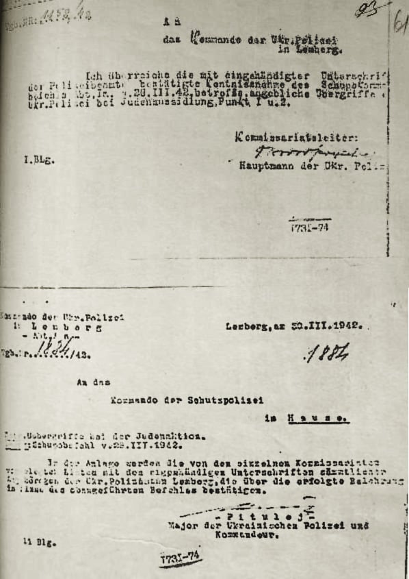Ukrainian Auxiliary Police "Judenaktion"correspondence. Lemberg, March 1942