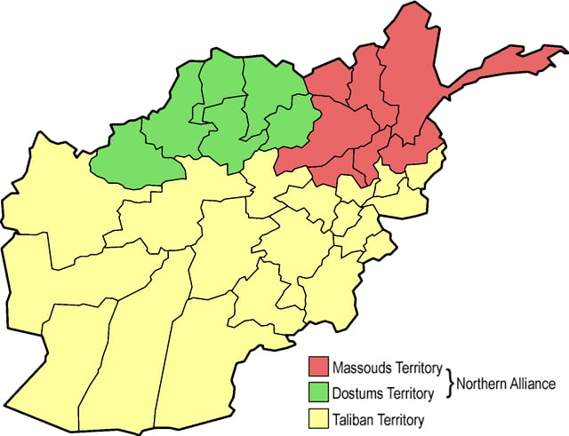 1996년 말의 아프가니스탄 점유 상태; 마수드 점유 지역 (적색), 도스툼 점유 지역 (녹색)과 탈레반 점유 지역 (황색).