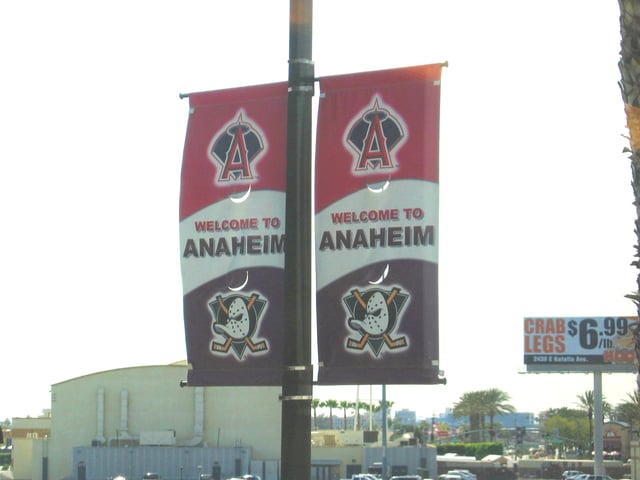 Street banners promoting the county's two major league teams, the Ducks and the Angels.