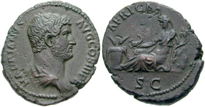 A Roman coin celebrating the province of Africa, struck in AD 136 under the Emperor Hadrian. The personification of Africa is shown wearing an elephant headdress.