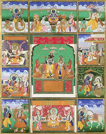 Rama (left third from top) depicted in the Dashavatara, the ten avatars of Vishnu. Painting from Jaipur, now at the Victoria and Albert Museum