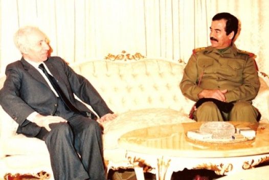 Saddam talking to Michel Aflaq, the founder of Ba'athist thought, in 1988