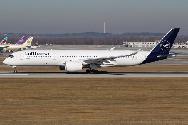 A Lufthansa Airbus A350-900 XWB painted in the airline's latest livery