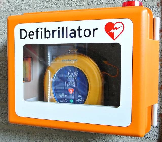 An automated external defibrillator stored in a visible orange mural support