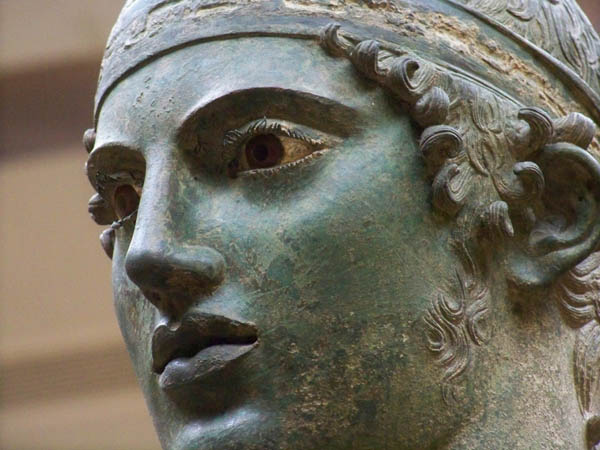 Close-up of the Charioteer of Delphi, a celebrated statue from the 5th century BC.