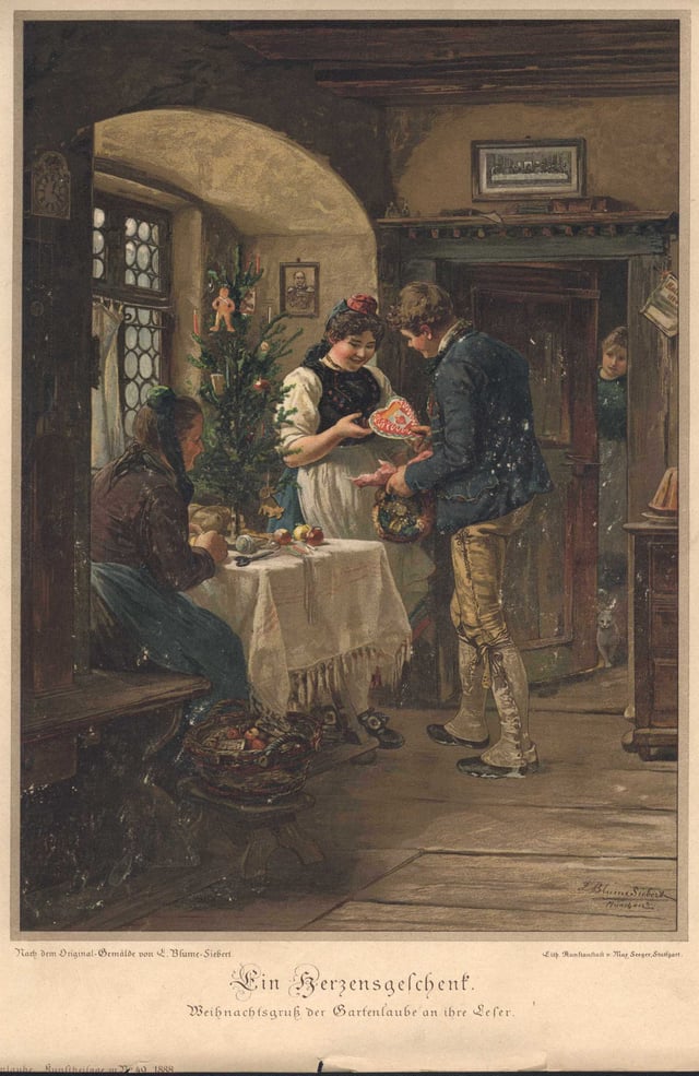 A little Christmas tree on the table, painting by Ludwig Blume-Siebert in 1888