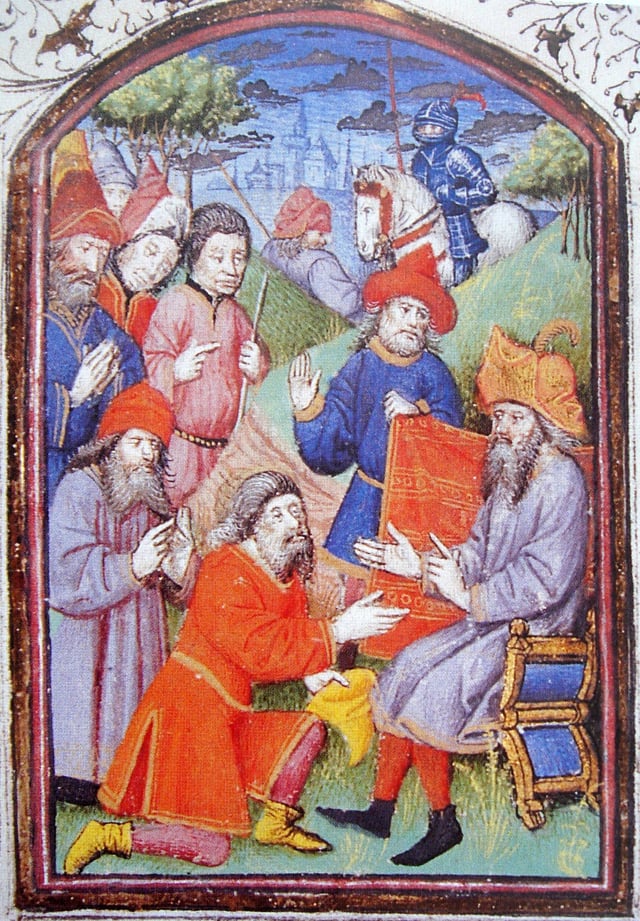 Hethum I (seated) in the Mongol court of Karakorum, "receiving the homage of the Mongols". "Histoire des Tartars", Hayton of Corycus, 1307.