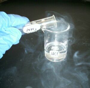 Hydrochloric acid sample releasing HCl fumes, which are reacting with ammonia fumes to produce a white smoke of ammonium chloride.