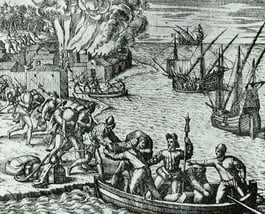 French pirate Jacques de Sores looting and burning Havana in 1555