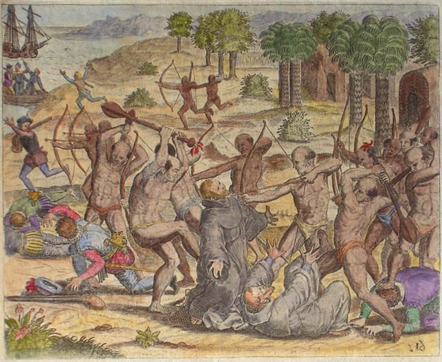 The Natives of Cumaná attack the mission after Gonzalez de Ocampo's slaving raid. Colored copperplate by Theodor de Bry, published in the "Relación brevissima"