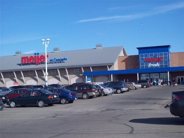 2008 Renovated Meijer Store at Store #50 Grand Rapids Cascade store, signed as "Meijer at Cascade", with the grocery entrance signed as "Meijer Fresh" and the general merchandise entrance as "Meijer Home".