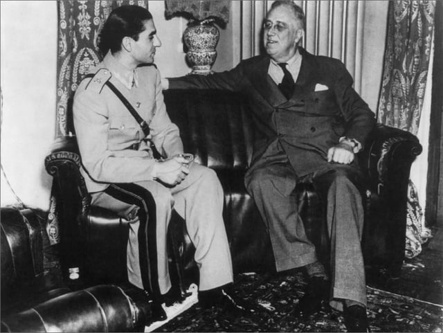 Pahlavi meeting with American president Franklin D. Roosevelt during the Tehran Conference (1943), two years after his father's forced abdication during the Anglo-Soviet Invasion of Iran