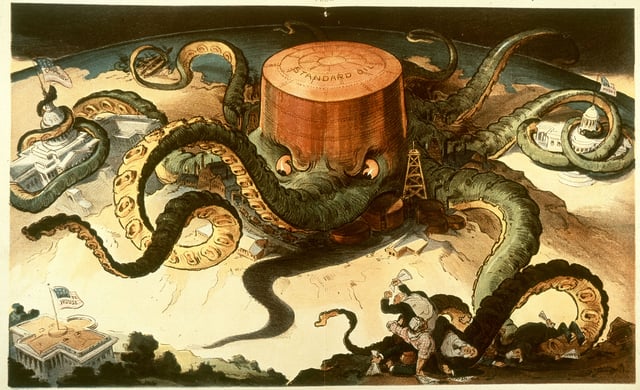Fear of monopolies ("trusts") is shown in this attack on Rockefeller's Standard Oil Company