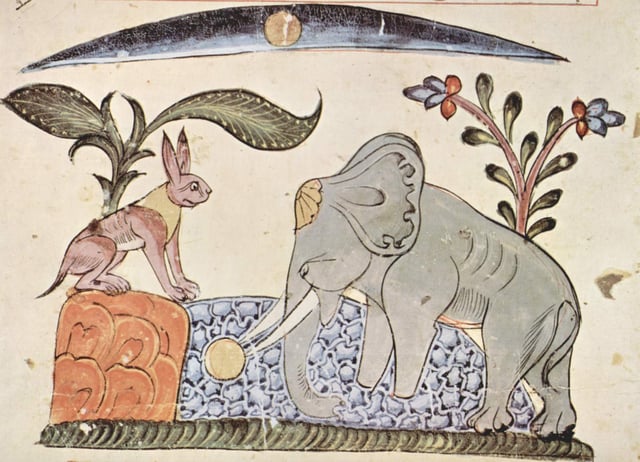 From the Panchatantra: Rabbit fools Elephant by showing the reflection of the moon