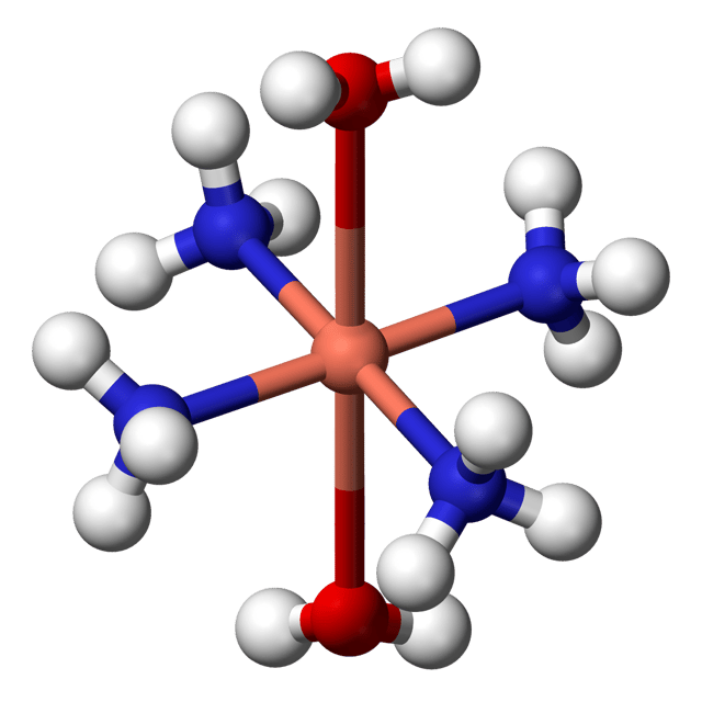 Ball-and-stick model of the tetraamminediaquacopper(II) cation, [Cu(NH3)4(H2O)2]2+