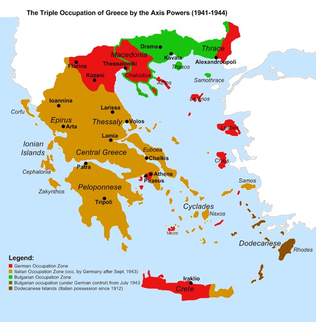 The Axis occupation of Greece. Blue indicates the Italian, red the German and green the Bulgarian.(in dark blue the Dodecanese, Italian possession since 1912)