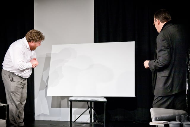 Serge and Marc inspect the white painting in a 2011 production by OVO theatre company, St Albans, UK.