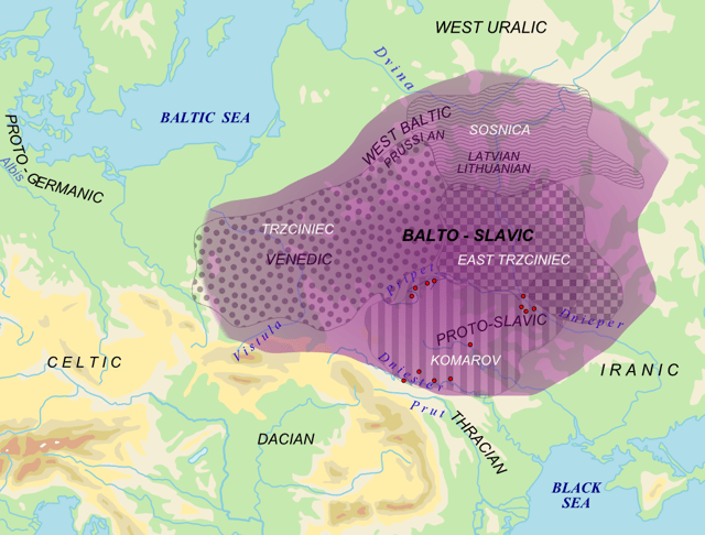 Area of Balto-Slavic dialectic continuum (purple) with proposed material cultures correlating to speakers Balto-Slavic in Bronze Age (white). Red dots = archaic Slavic hydronyms