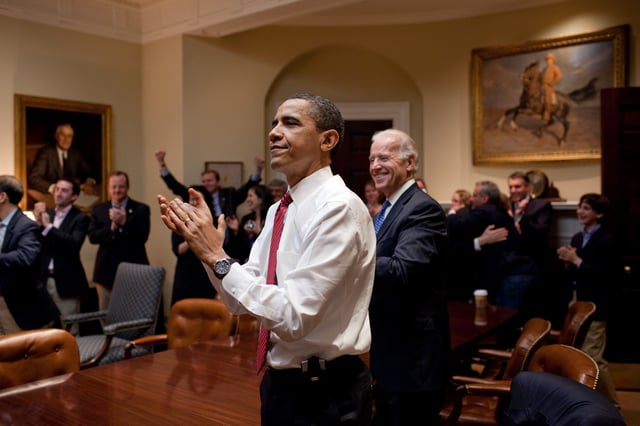 The President and White House Staff react to the House of Representatives passing the bill on March 21, 2010.