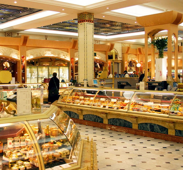 The retail servicescape includes the appearance, equipment, display space, retail counters, signage, layout and functionality of a retail outlet. Pictured:Harrods food court
