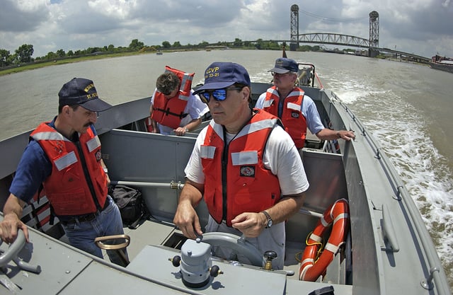 A replica Higgins boat plies the water near New Orleans.