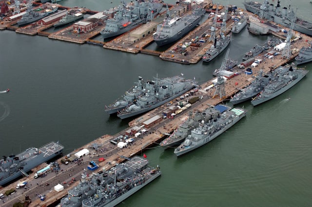 Portsmouth dockyard during the Trafalgar 200 International Fleet Review. Seen here are commissioned ships from; the United Kingdom, the Netherlands, Greece, Pakistan and Nigeria.