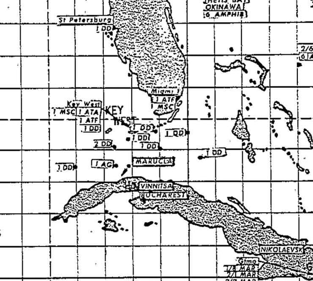 A declassified map used by the US Navy's Atlantic Fleet showing the position of American and Soviet ships at the height of the crisis.
