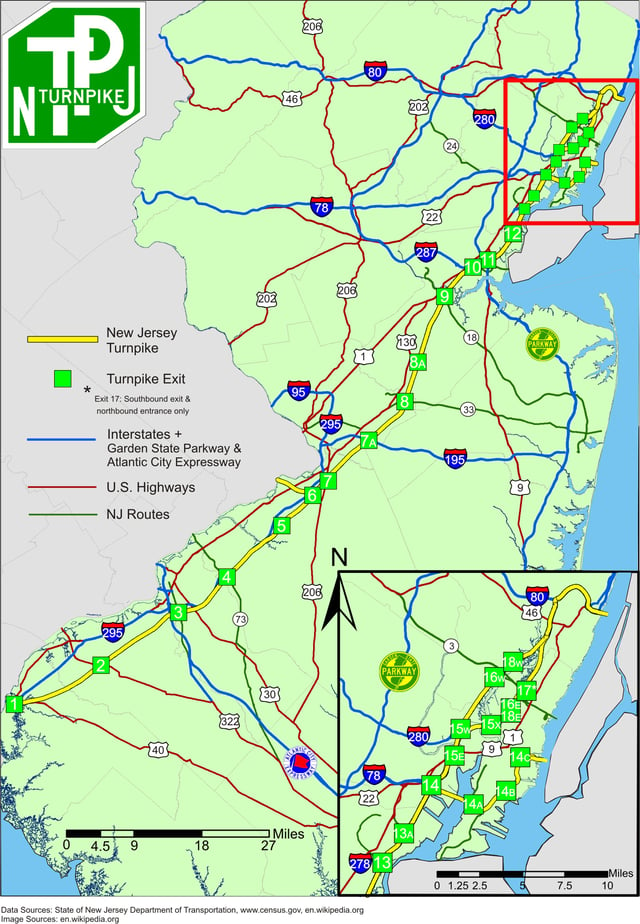 Detailed map of the Turnpike including interchange locations and other surface highways in New Jersey