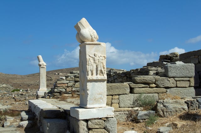 A sculpted phallus at the entrance of the temple of Dionysus in Delos, Greece.