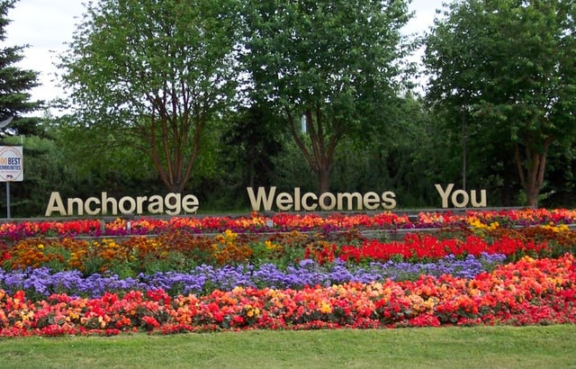 The "Anchorage Welcomes You" sign outside Ted Stevens Anchorage International Airport. The city is known for showcasing abundant flowers during the summer months.