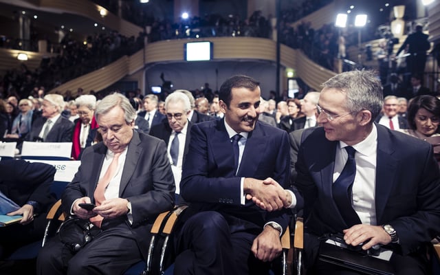 Guterres, Qatar's Emir Tamim bin Hamad and NATO Secretary General Jens Stoltenberg, 2018