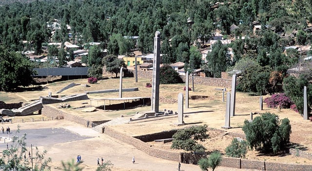 The Northern Stelae Park in Axum with King Ezana's Stele at the centre. The Great Stele lies broken.