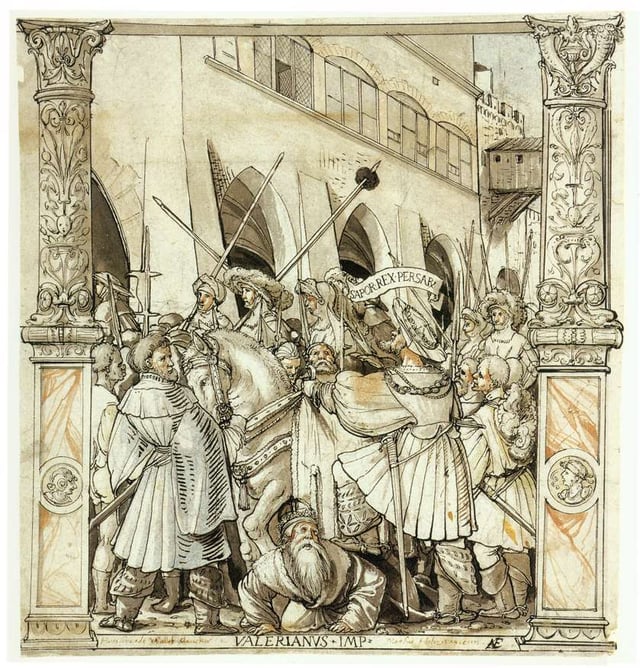 The Humiliation of Valerian by Shapur (Hans Holbein the Younger, 1521, pen and black ink on a chalk sketch, Kunstmuseum Basel)