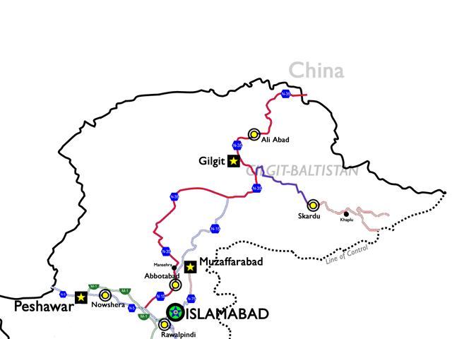 Highlighted in red is the route of National Highway 35, which is to be completely rebuilt and upgraded under the CPEC agreement. Highlighted in blue is the 175 kilometre road between Gilgit and Skardu which is to be upgraded to a 4-lane highway.