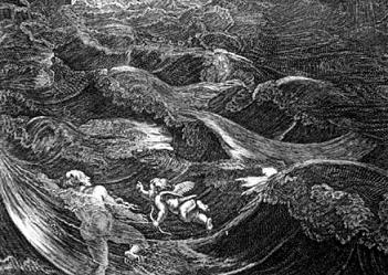 Leander swimming across the Hellespont. Detail from a painting by Bernard Picart.