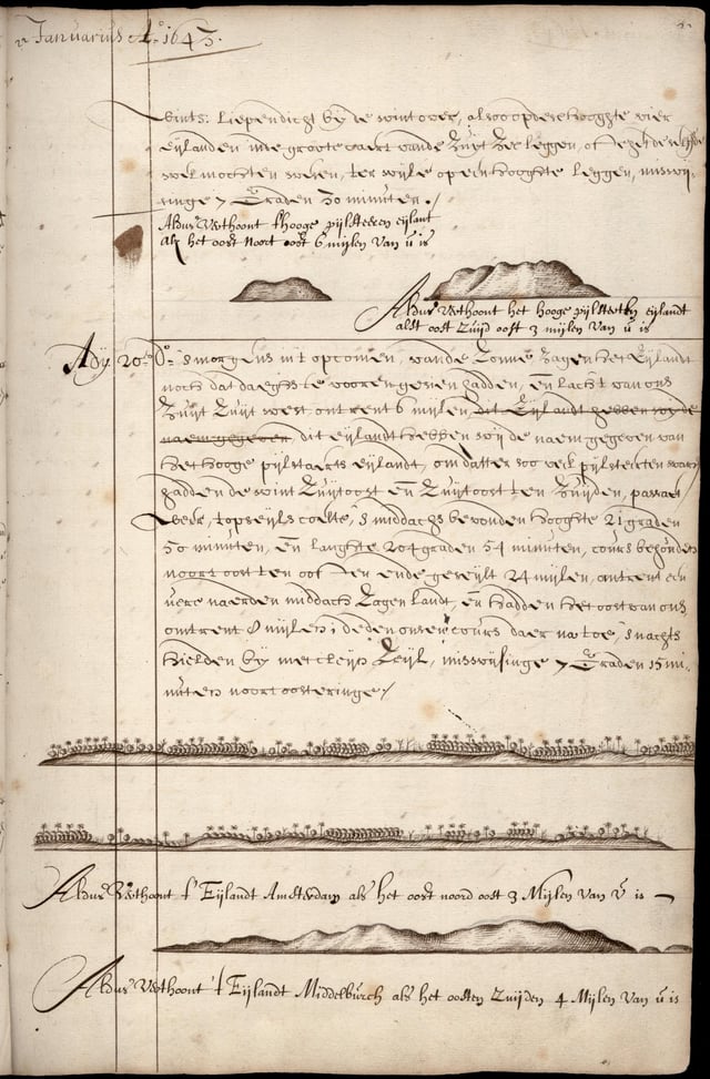 Page from the ship's log of Abel Tasman with the description of t' Eijlandt Amsterdam, nowadays Tongatapu