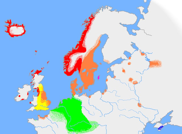 The approximate extent of Germanic languages in the early 10th century.:   Old West Norse   Old East Norse   Old Gutnish   Old English (West Germanic)   Continental West Germanic languages (Old Frisian, Old Saxon, Old Dutch, Old High German).   Crimean Gothic (East Germanic)