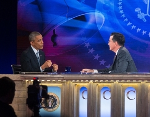 A conversation between U.S. President Barack Obama and Stephen Colbert held at GWU's Lisner Auditorium; 2014.