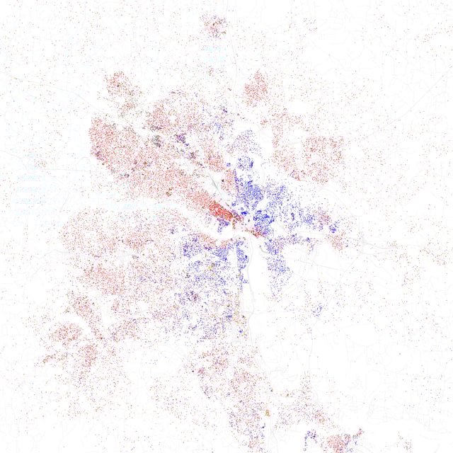 Map of racial distribution in Richmond, 2010 U.S. Census. Each dot is 25 people: White, Black, Asian, Hispanic or Other (yellow)