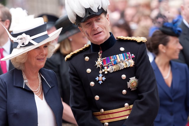 General Sir John McColl, Lieutenant Governor of Jersey, with the Duchess of Cornwall in 2012