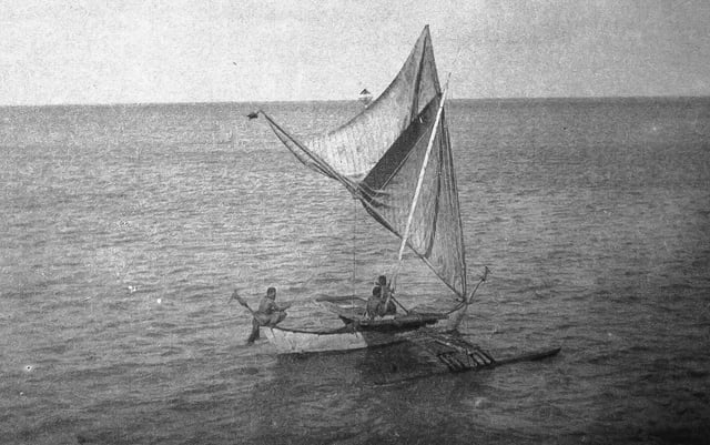Marshall Islanders sailing, with sails brailed (reefed), c. 1899–1900