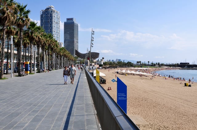 Part of the beach promenade and the beach of La Barceloneta towards Port Olimpic