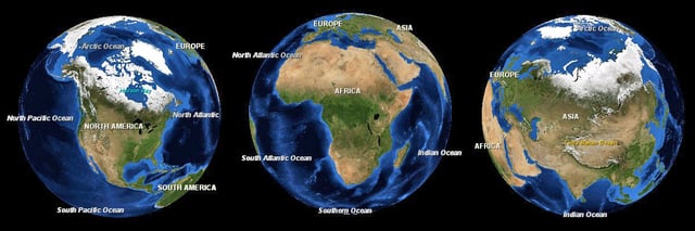 A composite satellite image of Africa (centre) with North America (left) and Eurasia (right), to scale