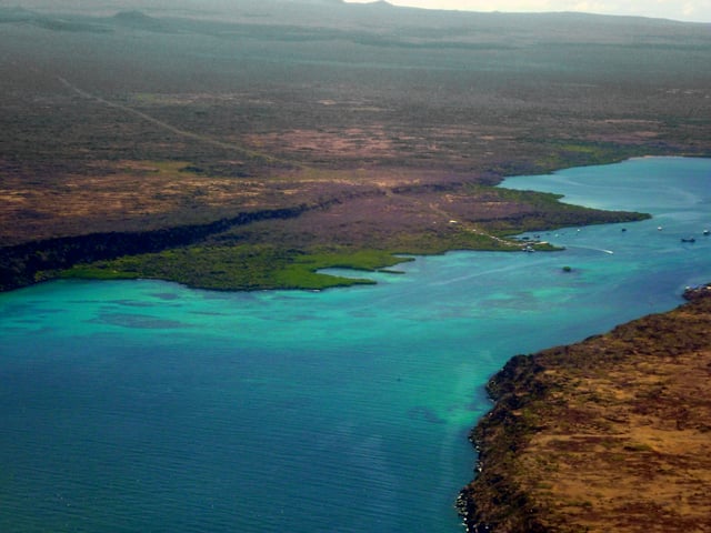 From an aircraft flying out of Baltra Island (on the right) and the Santa Cruz (on the left), the Itabaca Channel is the waterway between the islands.