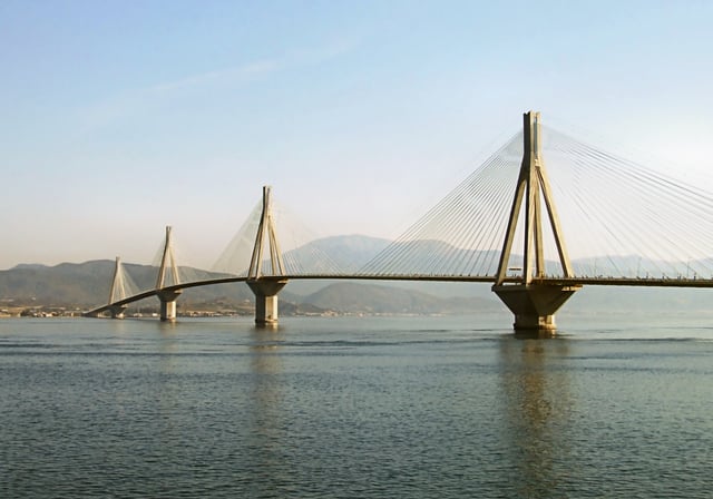 The Rio–Antirrio bridge connects mainland Greece to the Peloponnese.