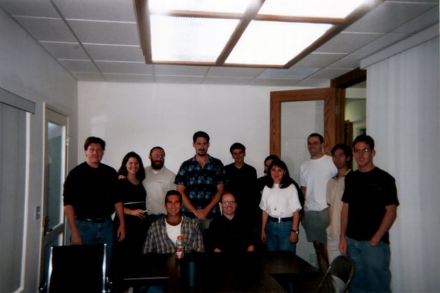The staff of Wales's Internet company Bomis photographed in summer 2000. Wales is third from the left in the back row, with Christine Rohan.